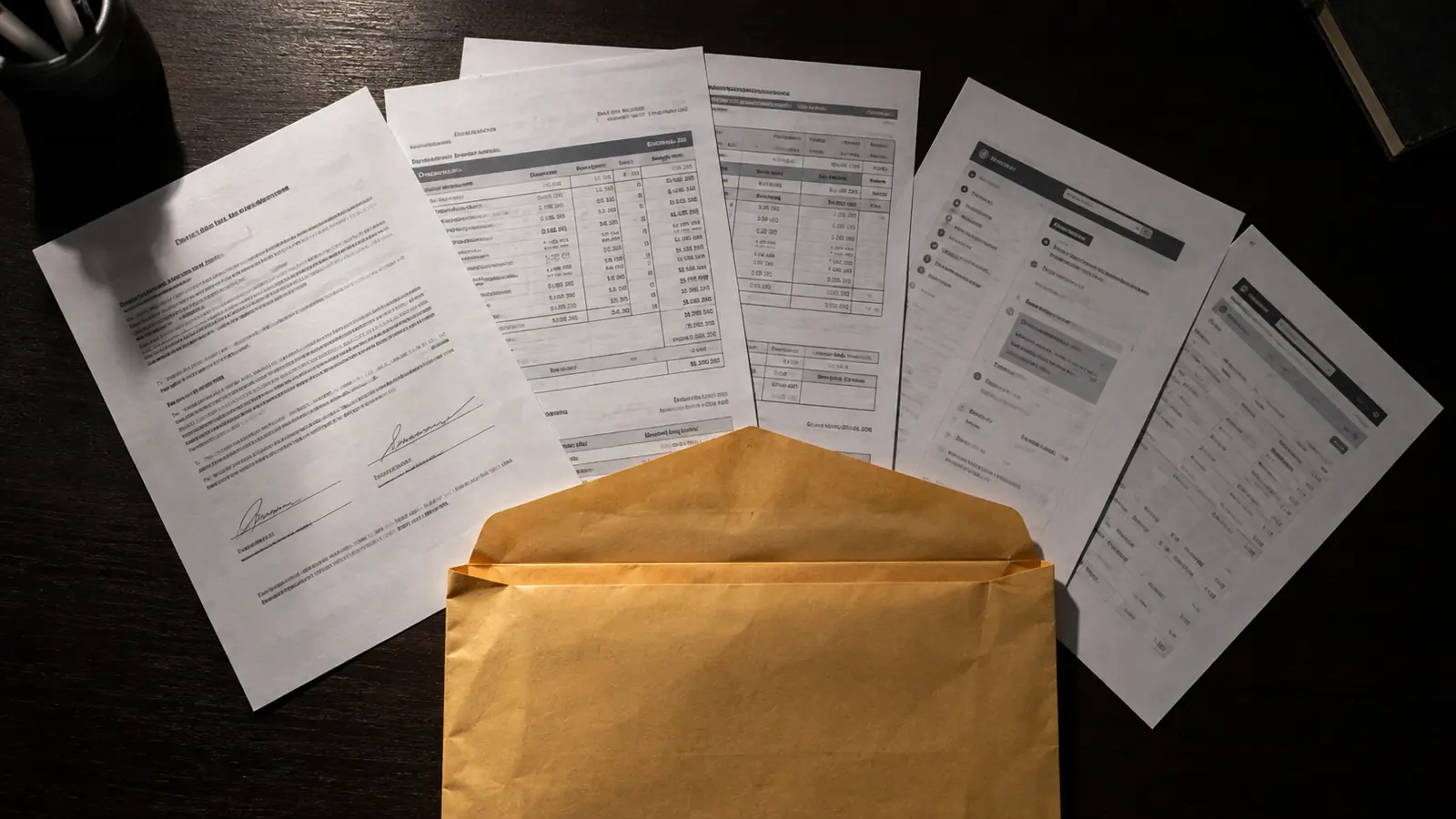 Documentos laborales y roles de pago desplegados en abanico sobre una mesa oscura, junto a un sobre de papel manila abierto.